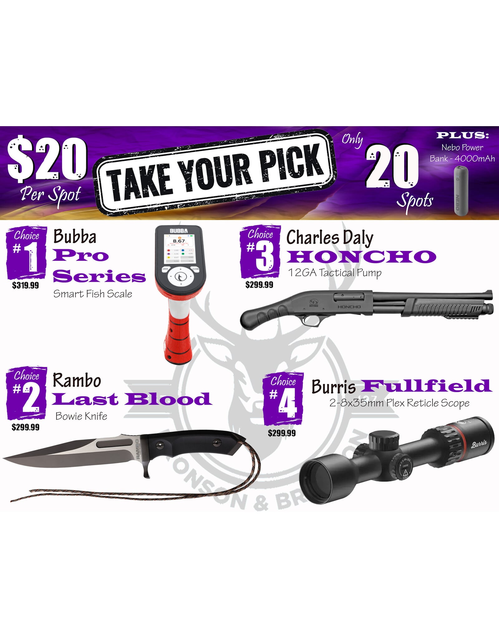DRAW #1899 - Take Your Pick - Bubba, Rambo, Charles Daly OR Burris!
