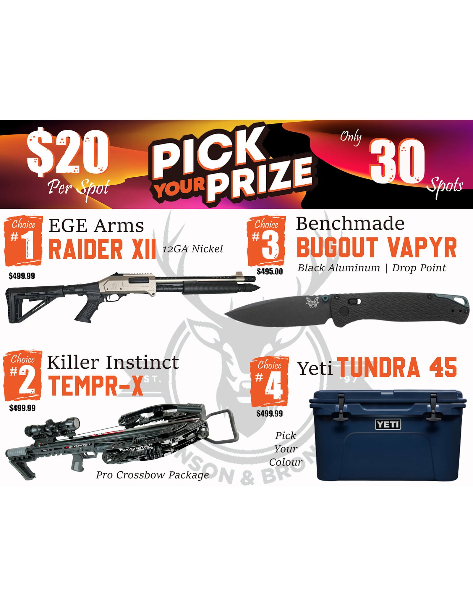 DRAW #1904 - Pick Your Prize - EGE Arms, Killer Instinct, Benchmade OR Yeti!
