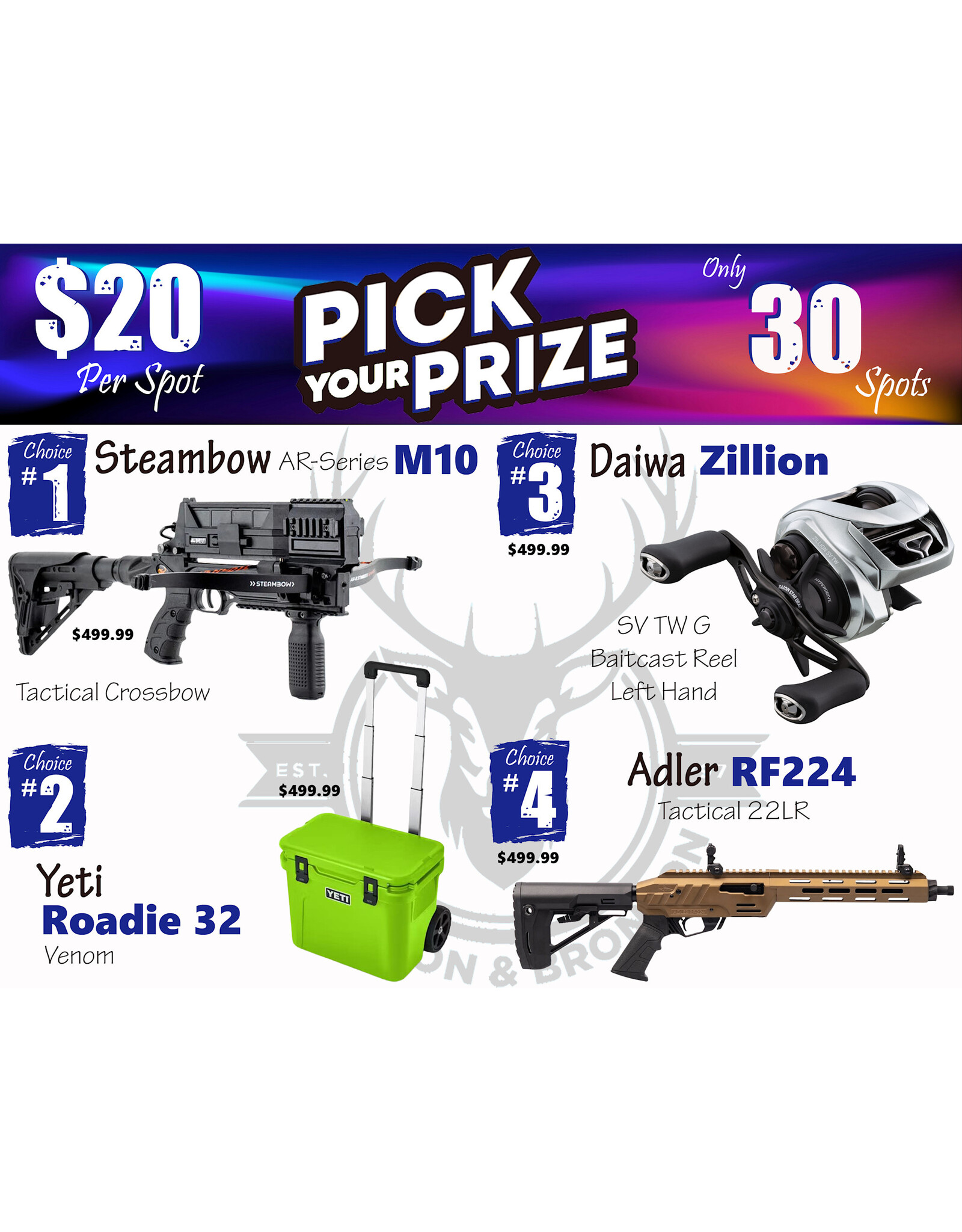 DRAW #1906 - Pick Your Prize - Steambow, Yeti, Daiwa OR Adler!