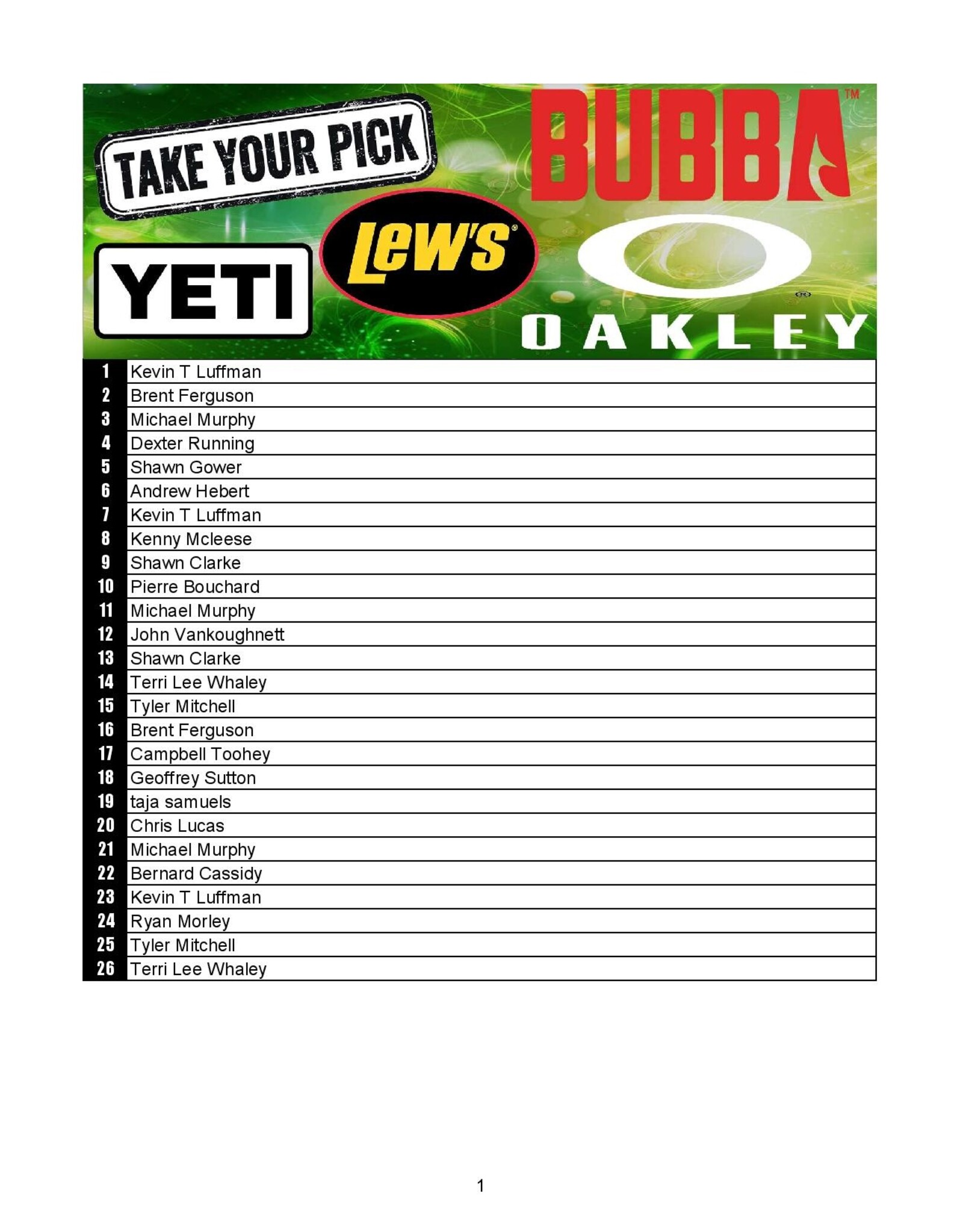DRAW #1905 - Take Your Pick - Lew's, Bubba, Yeti OR Oakley!