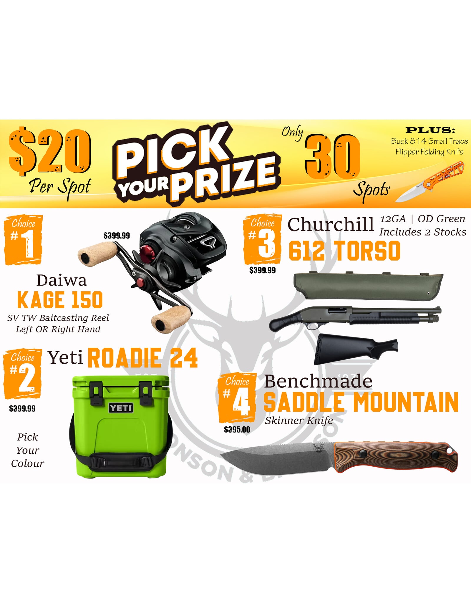 DRAW #1912 - Pick Your Prize - Daiwa, Yeti, Churchill OR Benchmade!
