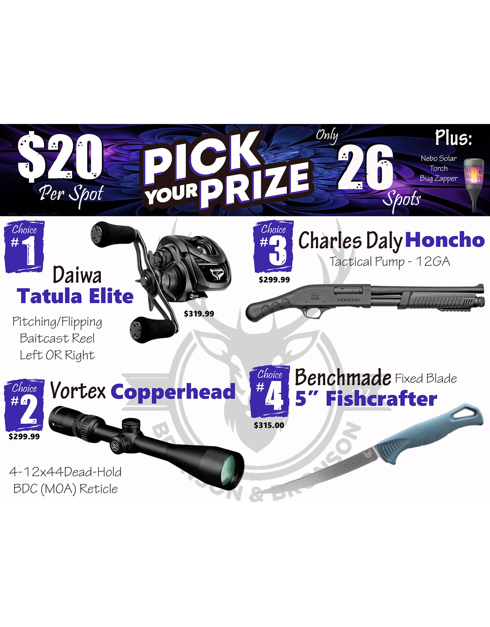 DRAW #1915 - Pick Your Prize - Daiwa, Vortex, Charles Daly OR Benchmade!