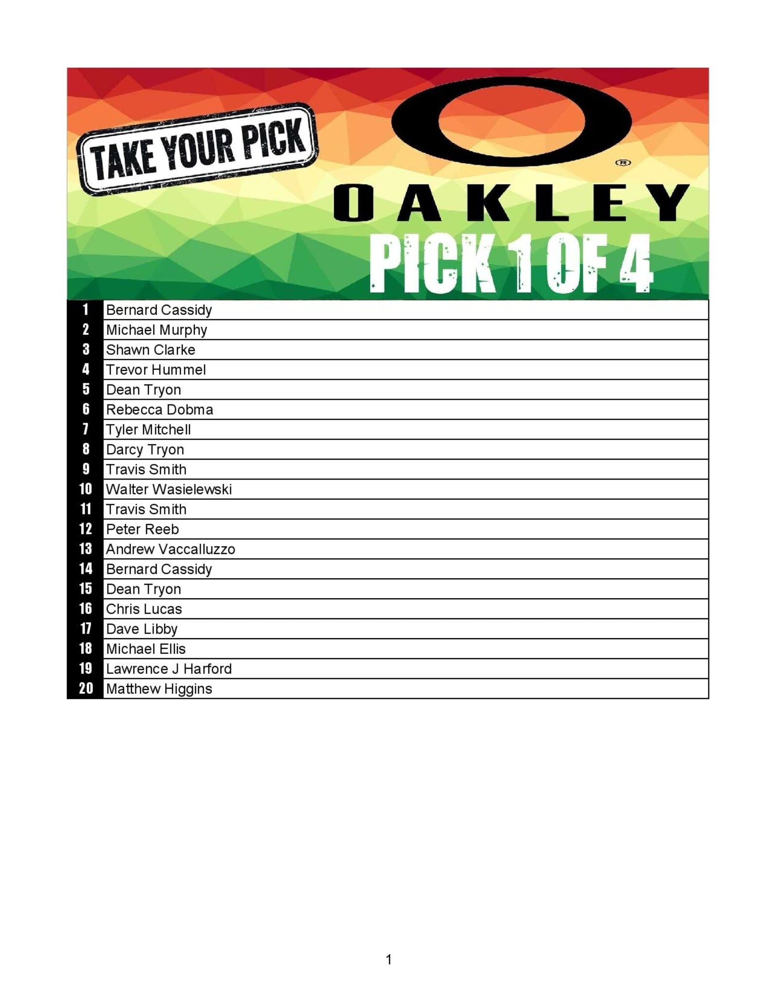 DRAW #1913 - Take Your Pick - OAKLEY - Pick 1 of 4!