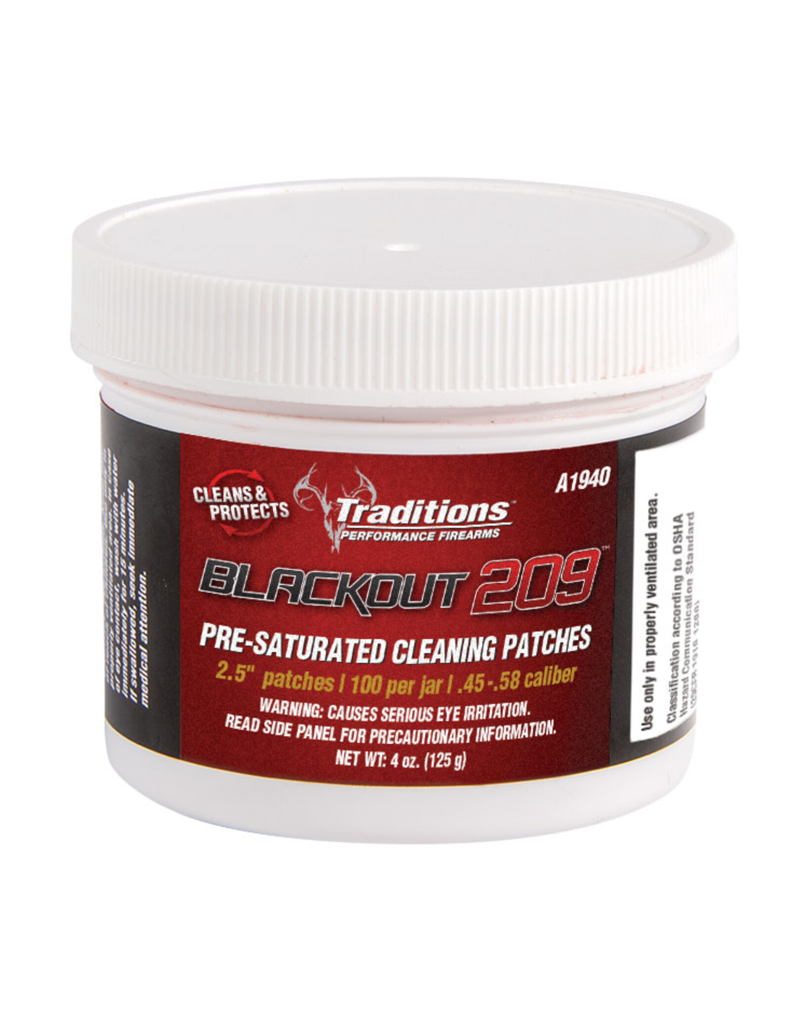 Traditions Performance Firearms Traditions Blackout 209 Pre-Saturated Cleaning Patches 6.35cm patches, 100 per jar, .45-.50 Caliber A1940F