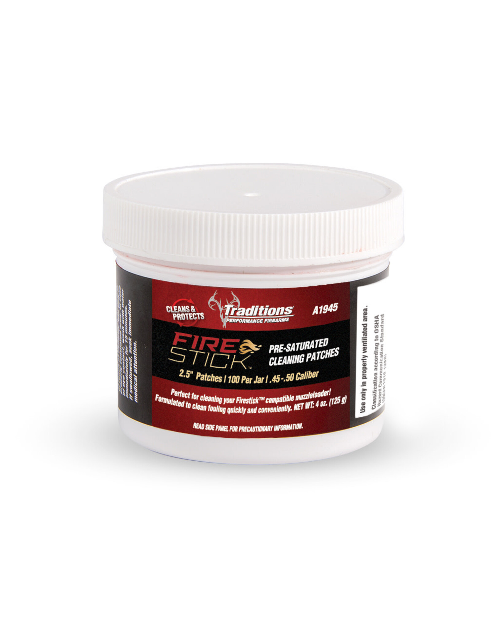 Traditions Performance Firearms Traditions Firestick Pre-Saturated Cleaning Patches 2.5" Patches, 100 per jar, .45-.50 Caliber A1945F