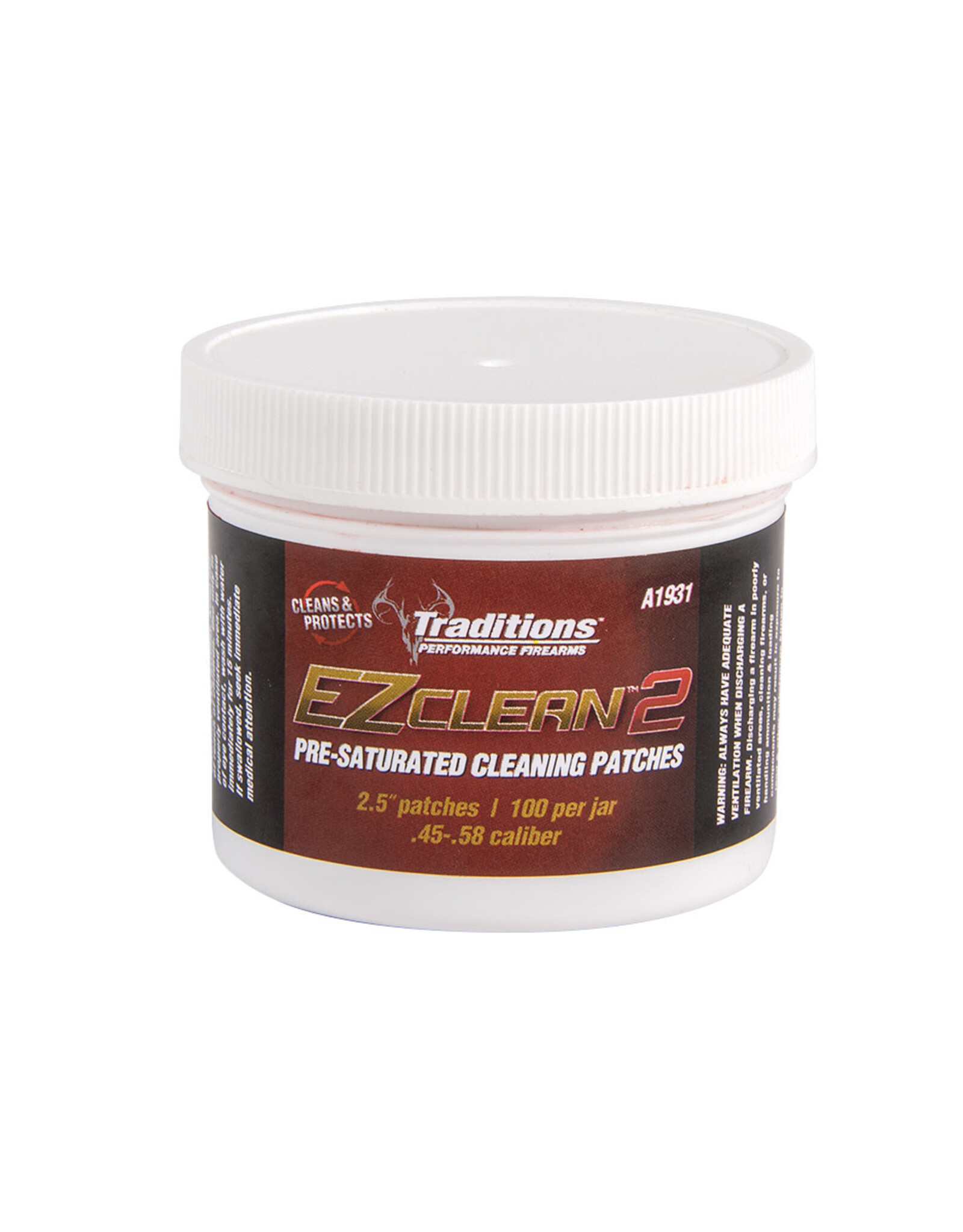 Traditions Performance Firearms Traditions EZClean2 Pre-Saturated Cleaning Patches 6.35cm Patches, 100 per jar, .45-.58 Caliber A1931F