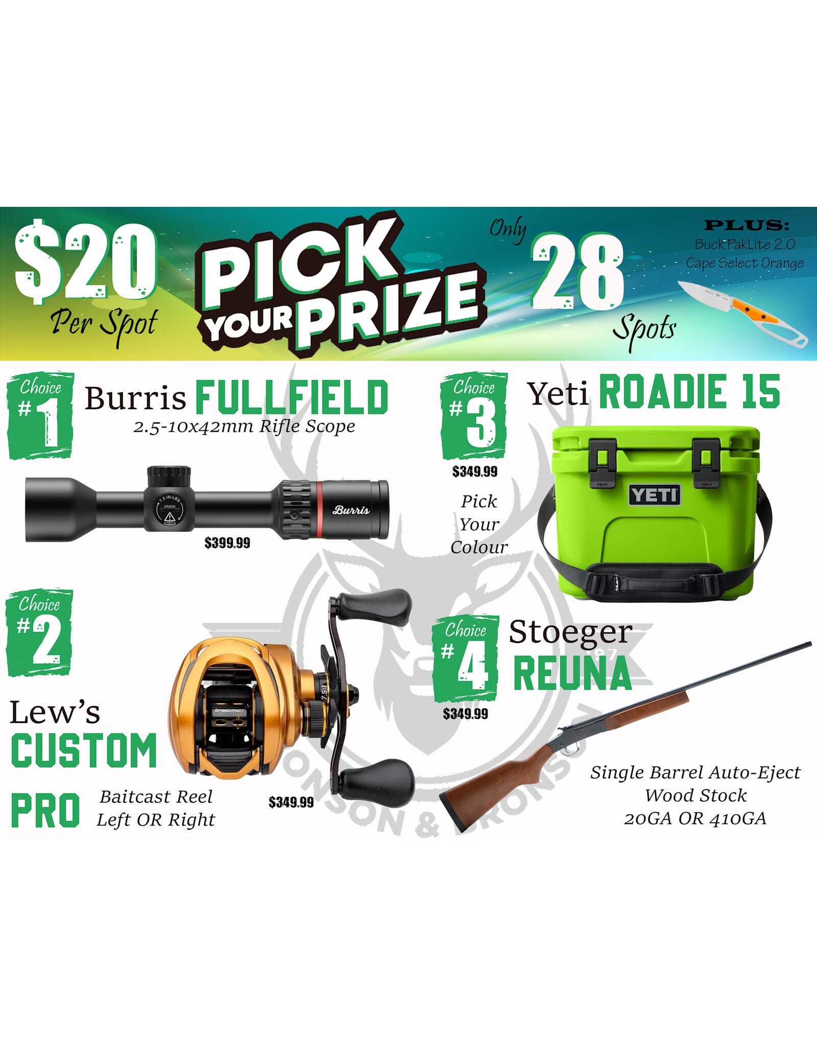 DRAW #1917 - Take Your Pick - Burris, Lew's, Yeti OR Stoeger!