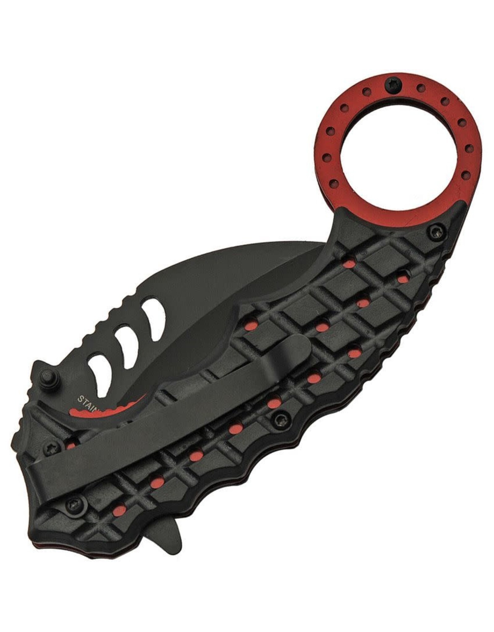 China Made Red Shrub Karambit Linerlock Knife – Stainless Aluminum – Red and Black