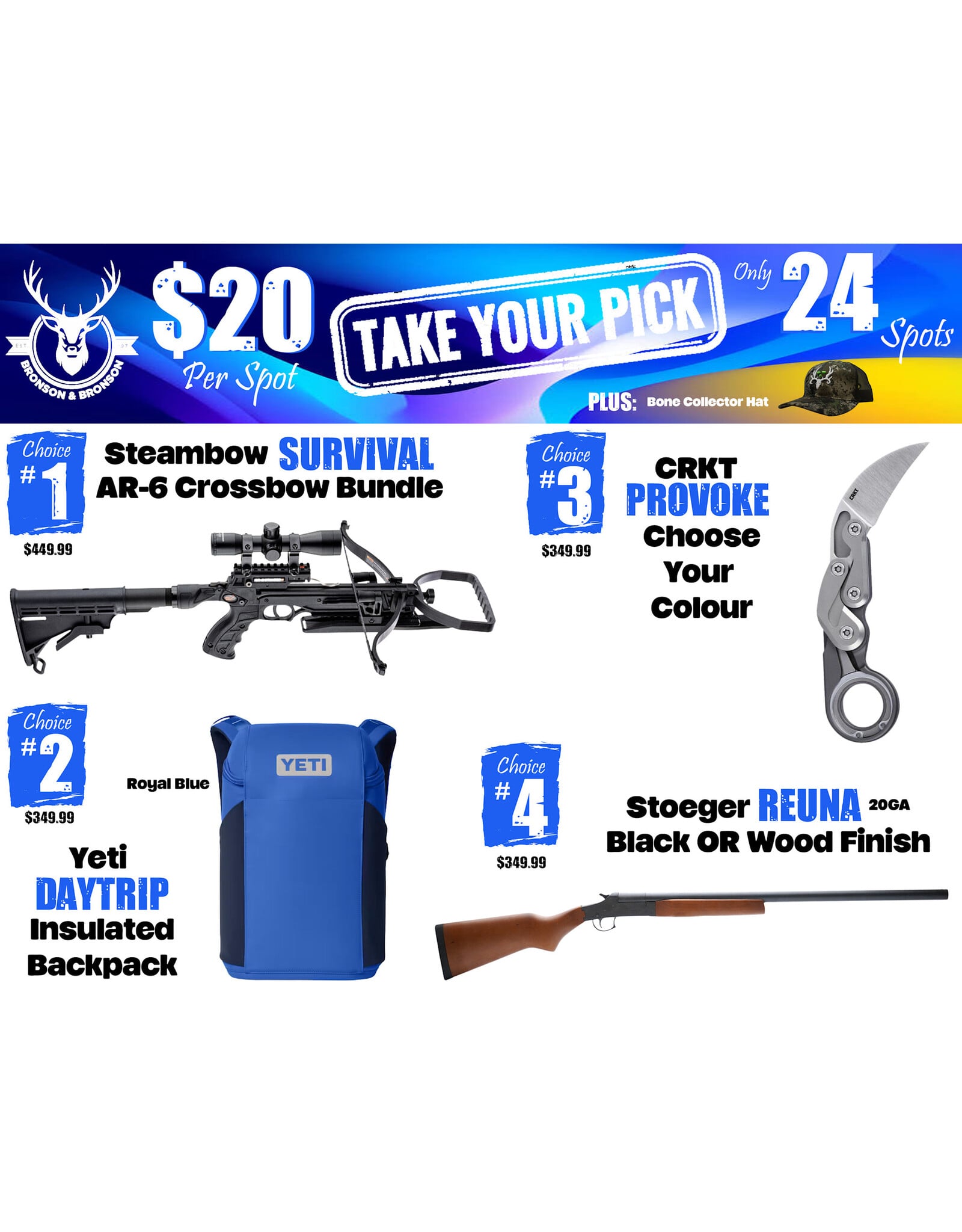 DRAW #1945 - Take Your Pick - Steambow, Yeti, CRKT OR Stoeger!