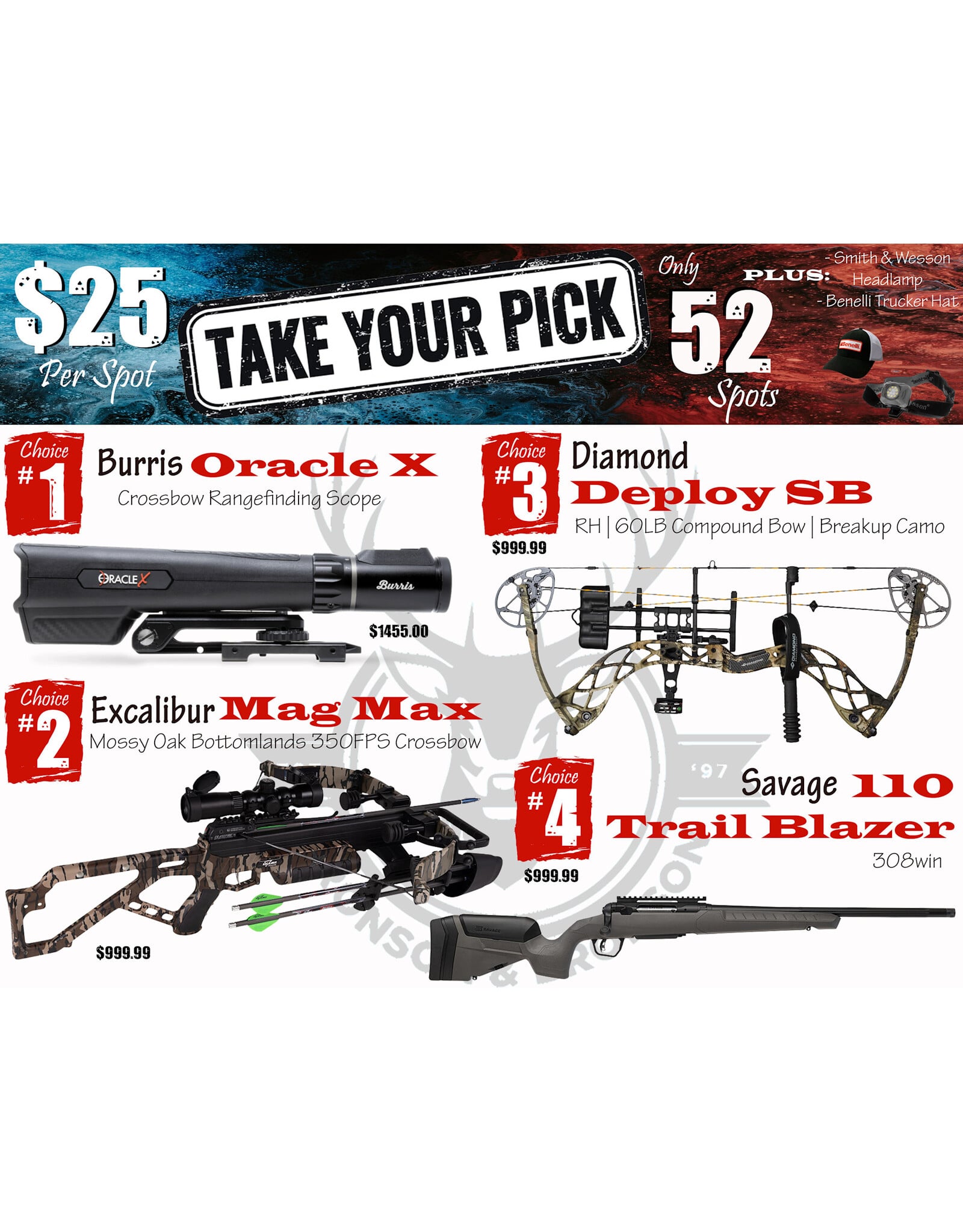 DRAW #1950 - Take Your Pick - Burris, Excalibur, Diamond OR Savage!