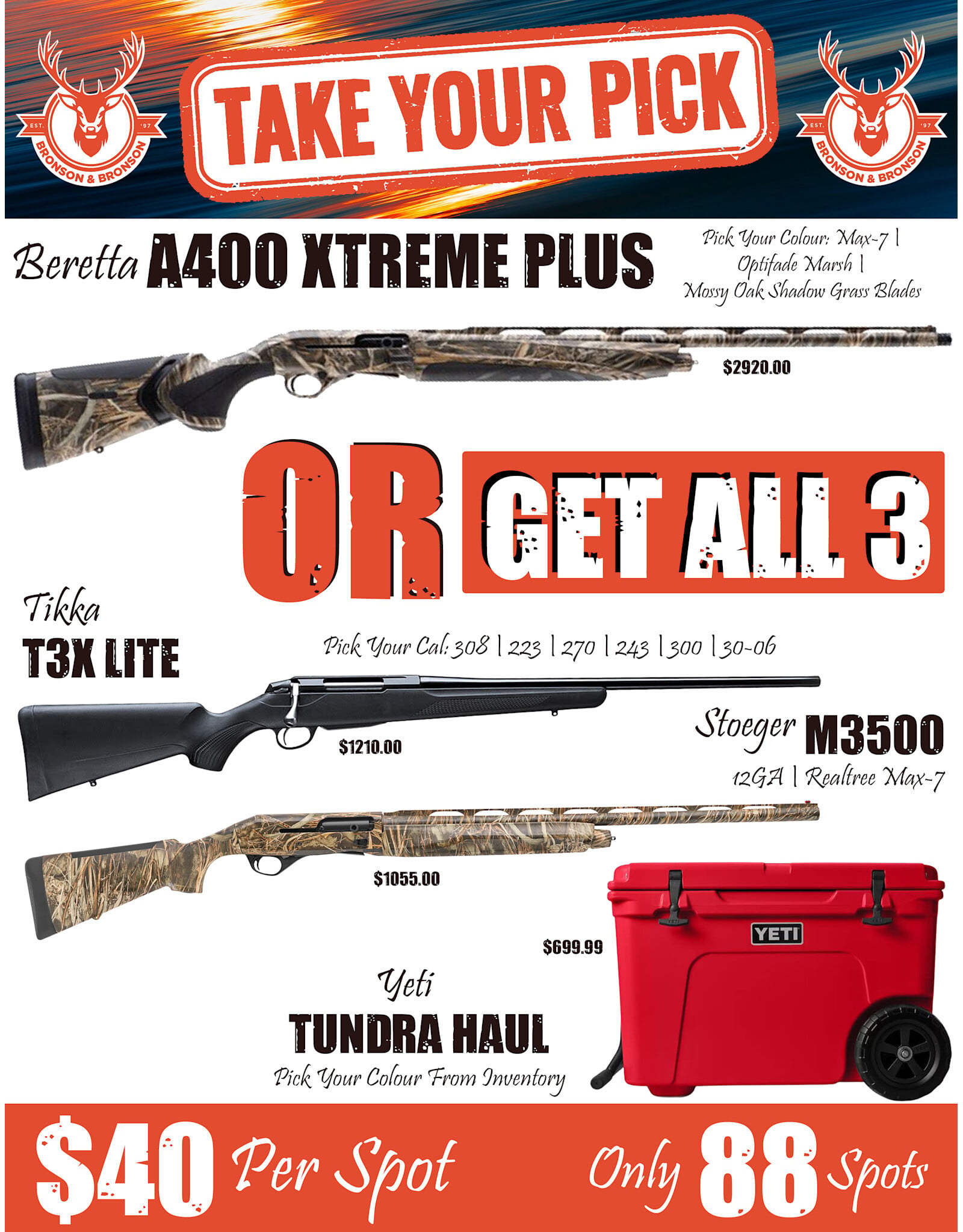 DRAW #1952 - Take Your Pick - Beretta OR Tikka, Stoeger + Yeti!