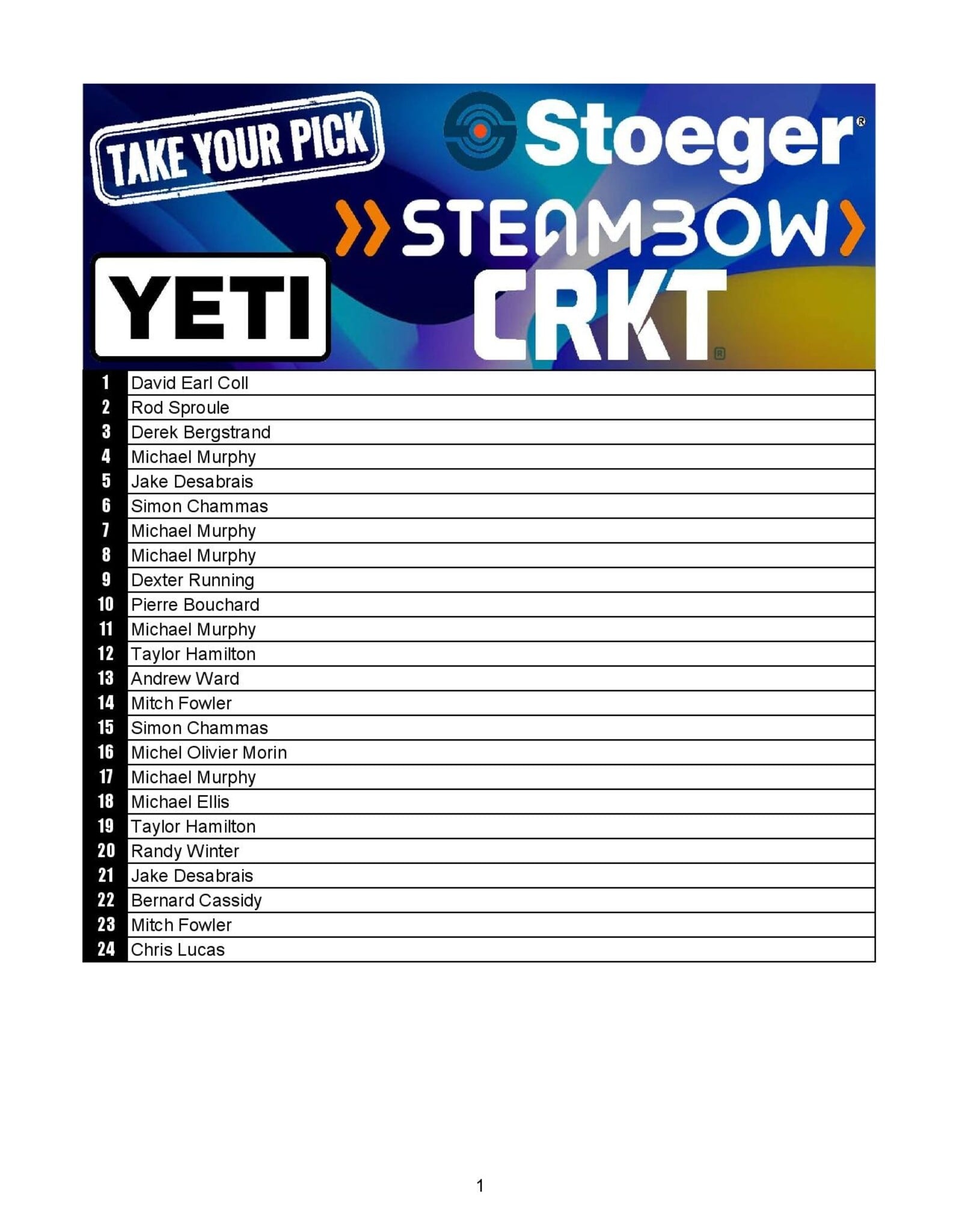 DRAW #1945 - Take Your Pick - Steambow, Yeti, CRKT OR Stoeger!