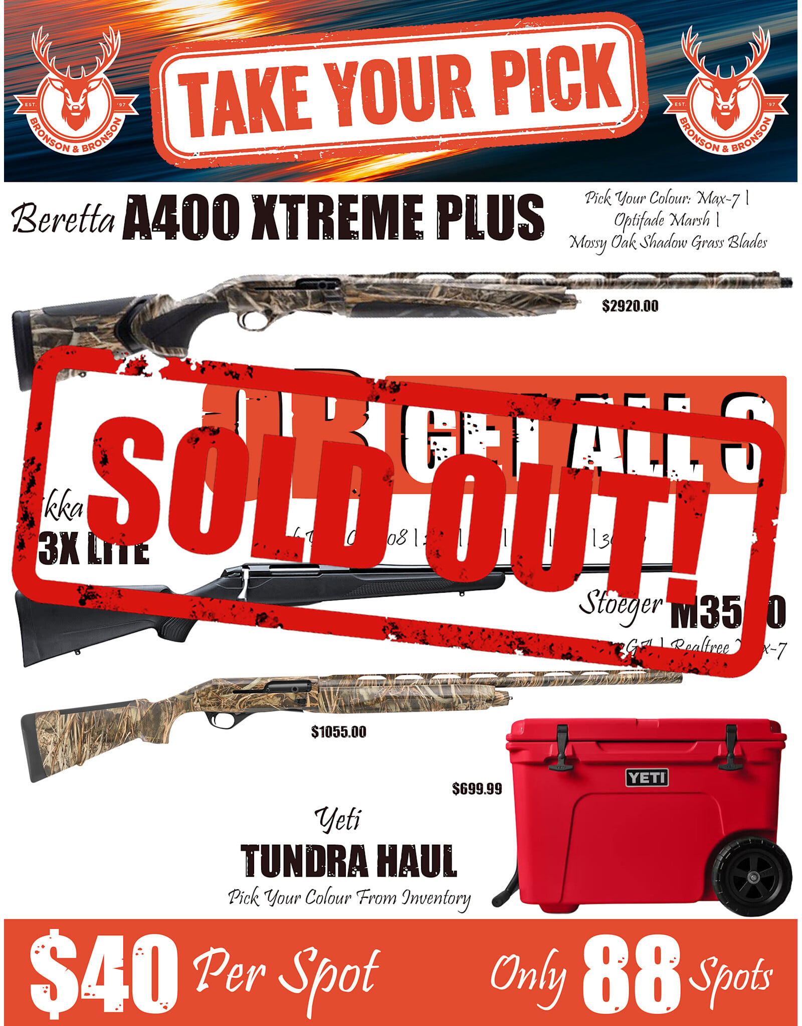 DRAW #1952 - Take Your Pick - Beretta OR Tikka, Stoeger + Yeti!