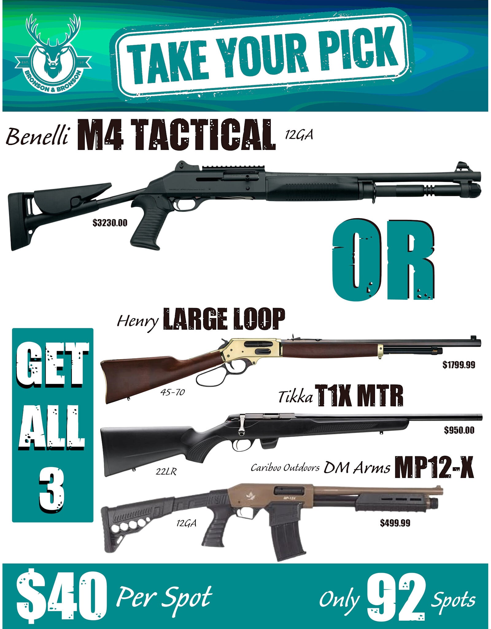 DRAW #1960 - Take Your Pick - Benelli OR Henry, Tikka + Cariboo!
