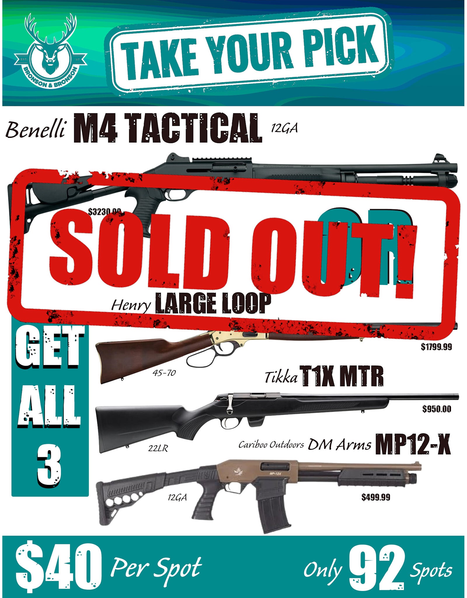 DRAW #1960 - Take Your Pick - Benelli OR Henry, Tikka + Cariboo!