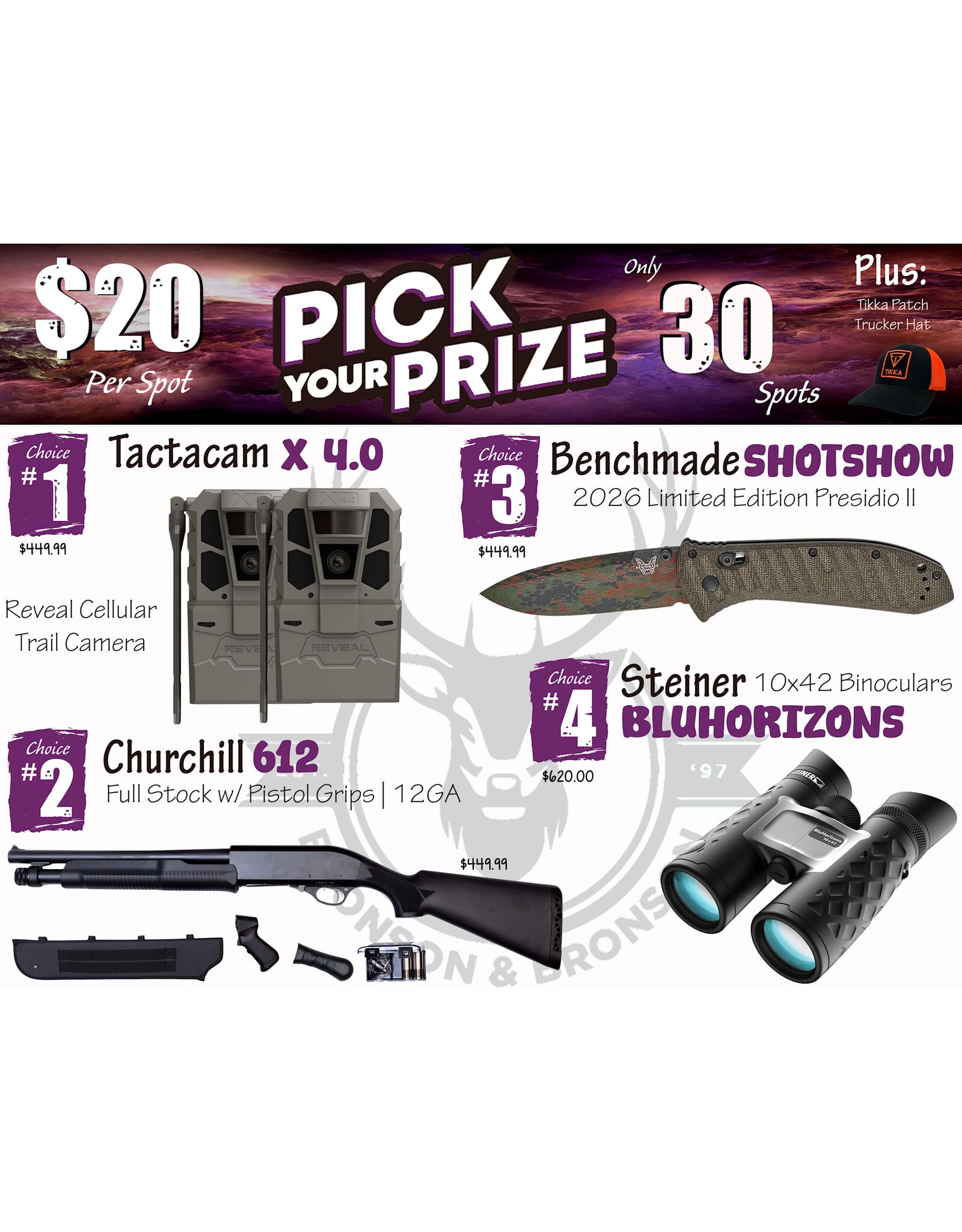 DRAW #1972 - Pick Your Prize - Tactacam, Churchill, Benchmade OR Steiner!