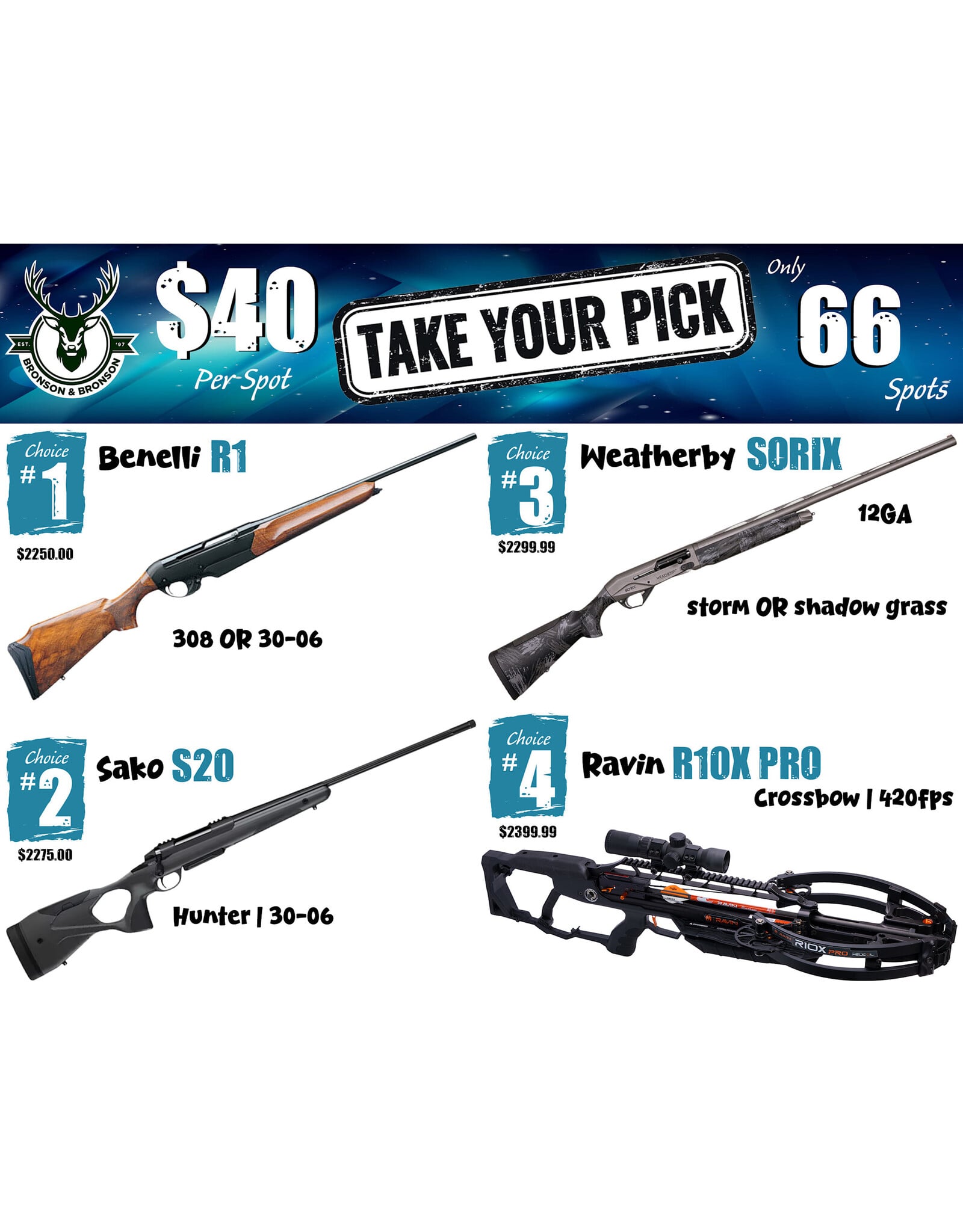 DRAW #1975 - Take Your Pick - Benelli, Sako, Weatherby OR Ravin!