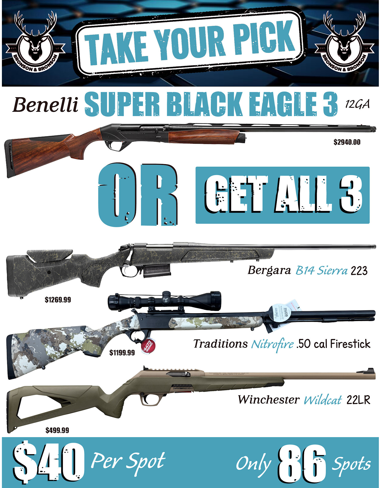 DRAW #1982 - Take Your Pick - Benelli OR Bergara, Traditions & Winchester!