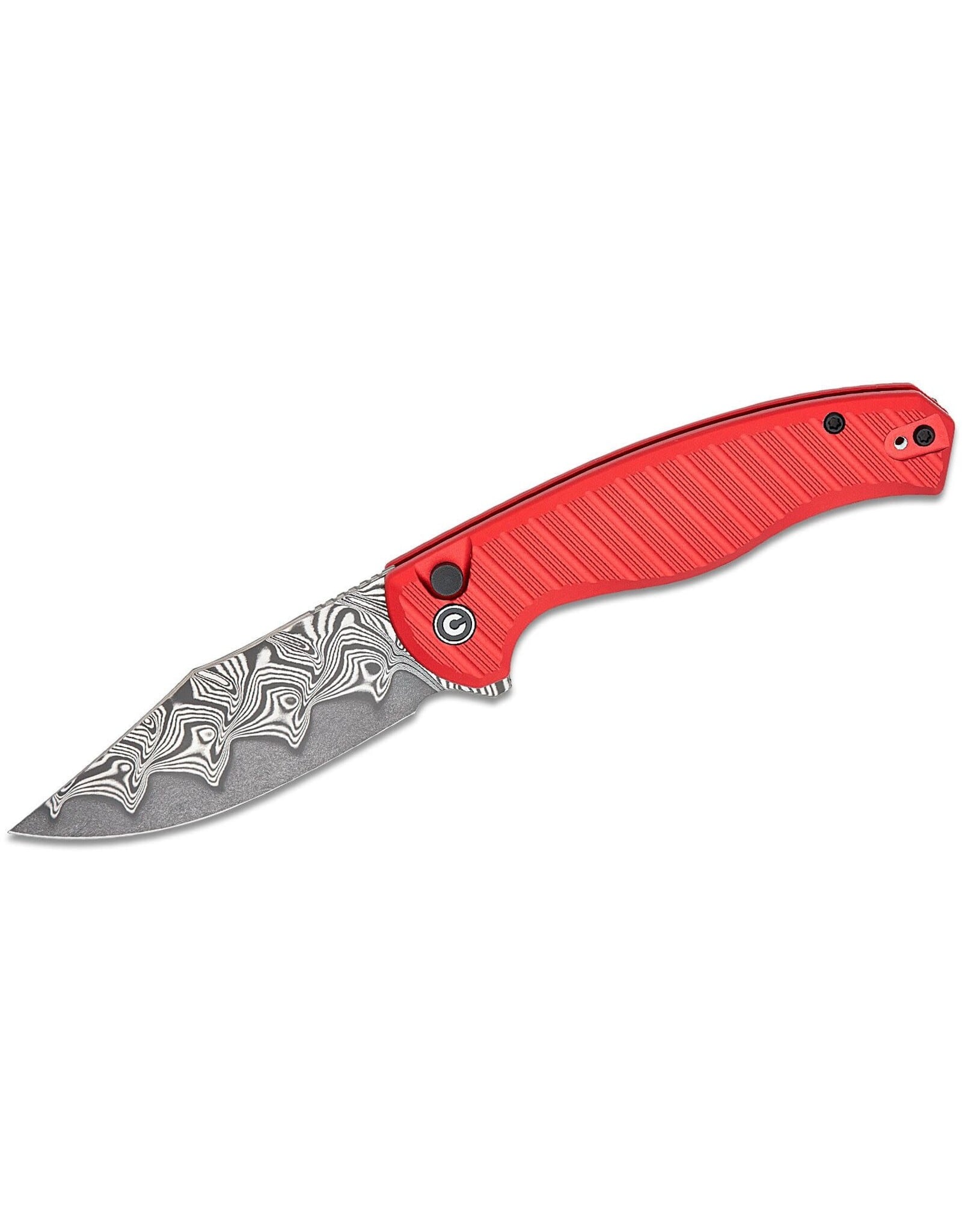 Civivi CIVIVI Knives Stormhowl Button Lock Flipper Knife 3.3" Damascus Clip Point Blade, Machined Red Aluminum Handles - C23040B-DS1