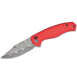 Civivi CIVIVI Knives Stormhowl Button Lock Flipper Knife 3.3" Damascus Clip Point Blade, Machined Red Aluminum Handles - C23040B-DS1