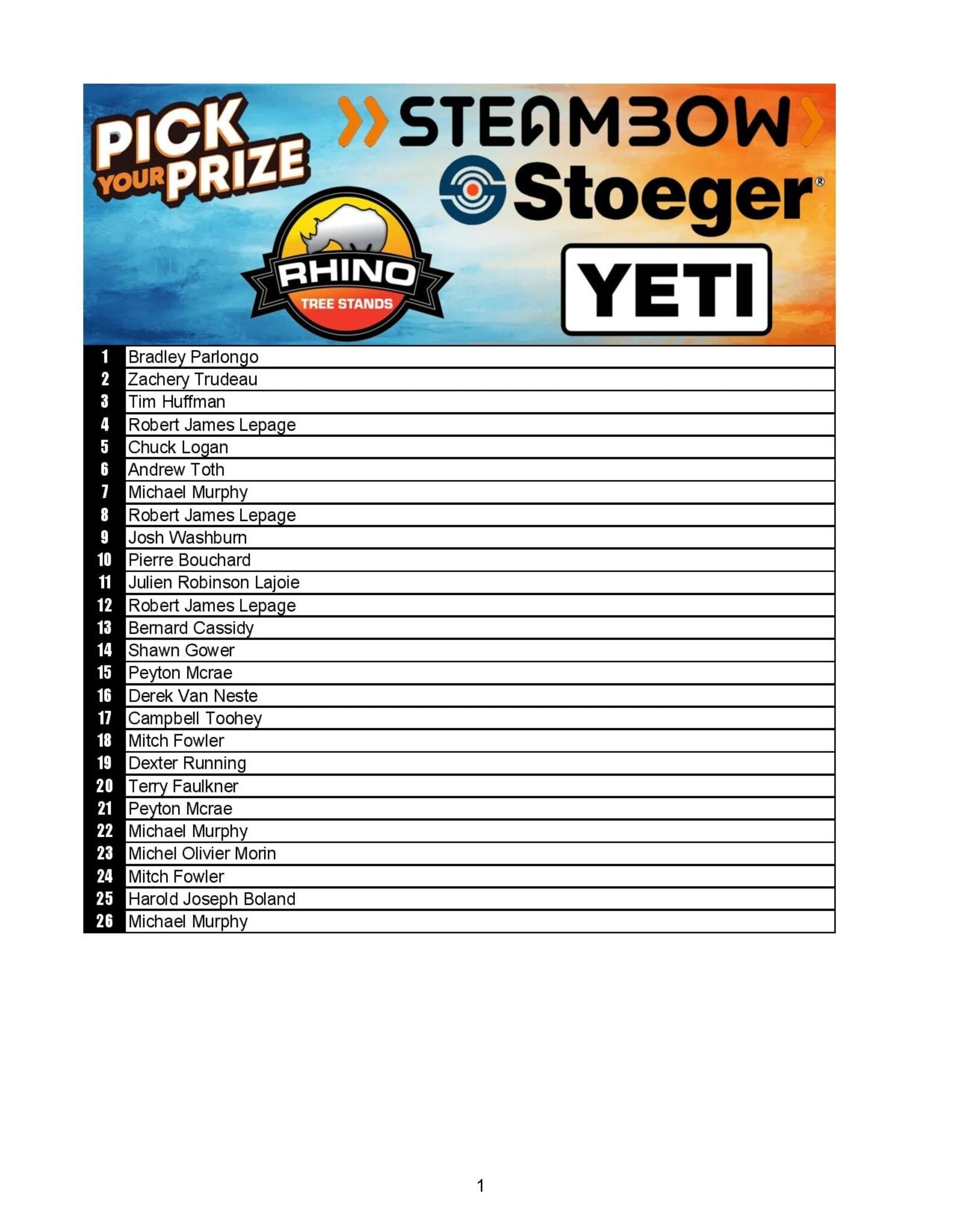DRAW #1983 - Pick Your Prize - Steambow, Rhino, Yeti OR Stoeger!