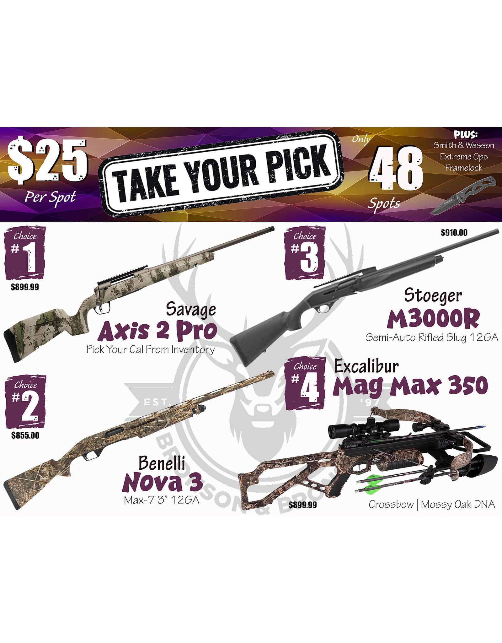 DRAW #2000 - Take Your Pick - Savage, Benelli, Stoeger OR Excalibur!