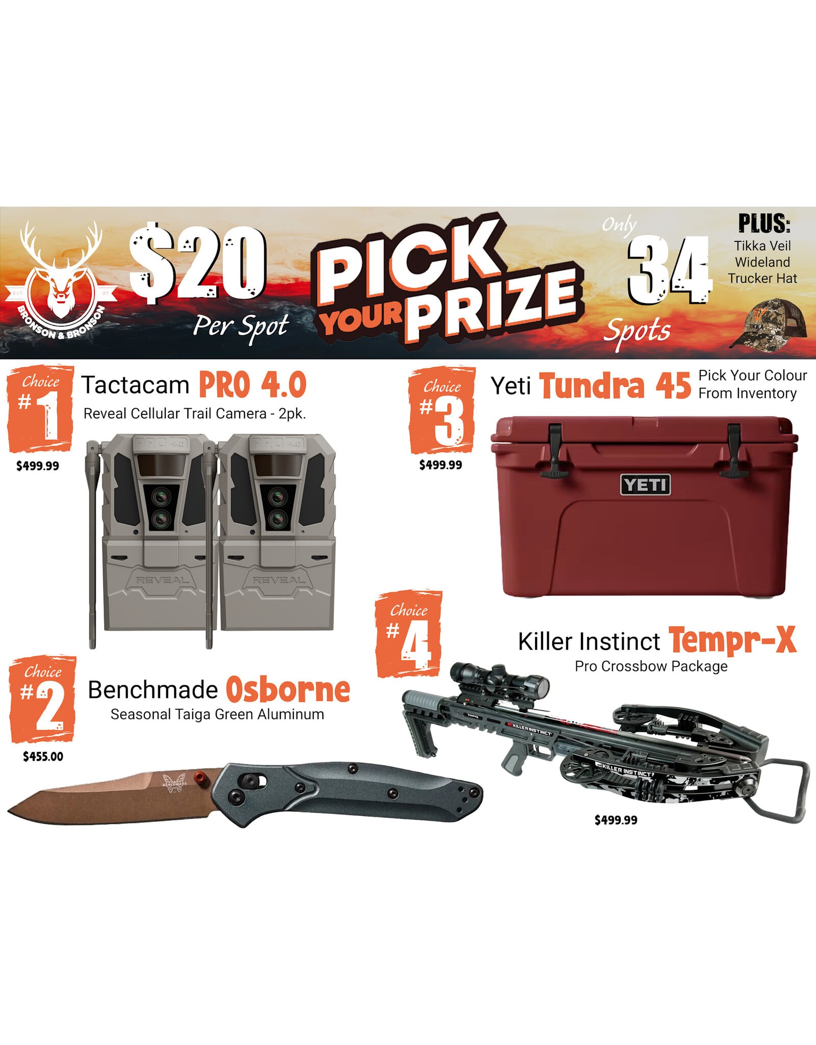DRAW #2001 - Pick Your Prize - Tactacam, Benchmade, Yeti OR Killer Instinct!