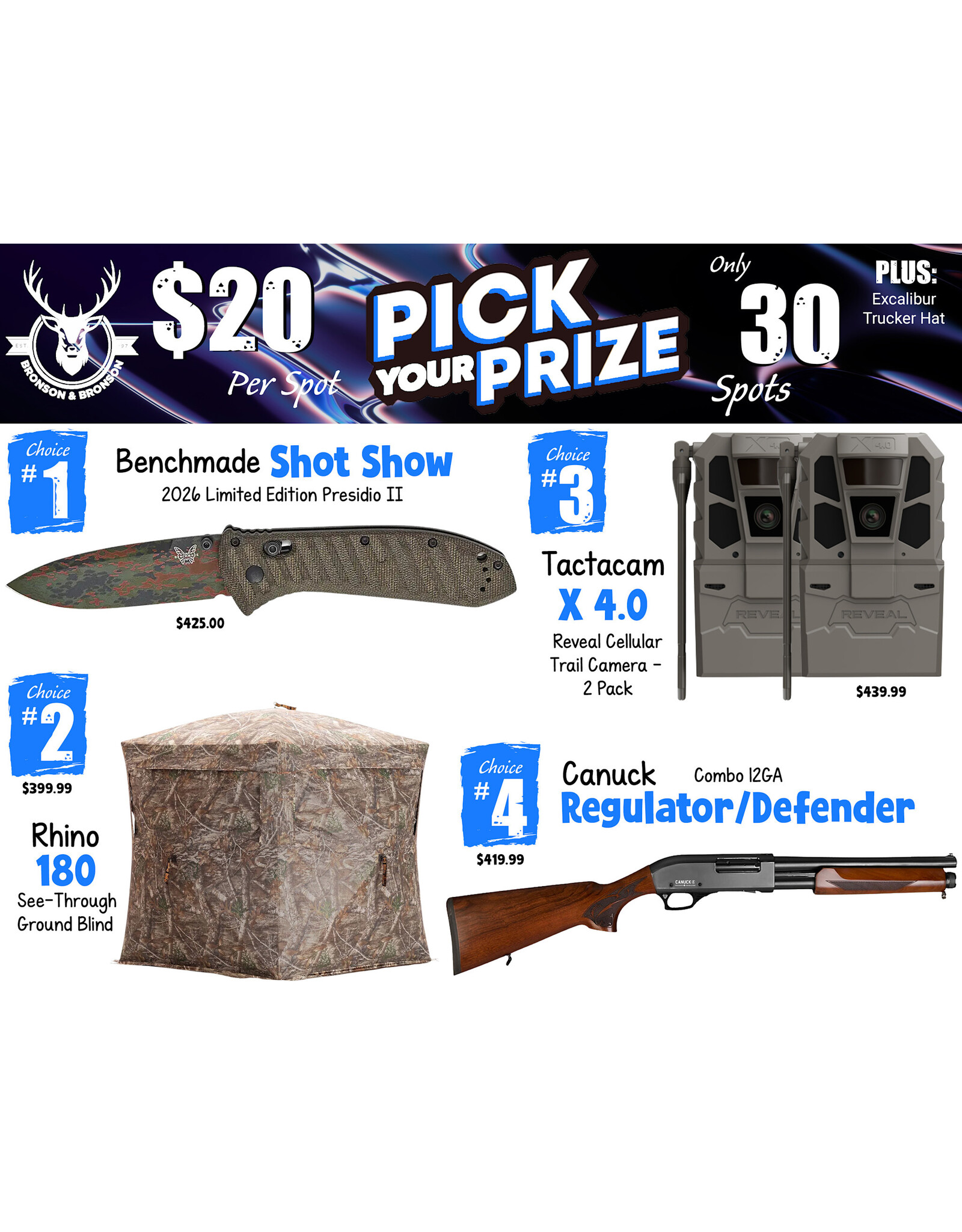 DRAW #2020 - Pick Your Prize - Benchmade, Rhino, Tactacam OR Canuck!