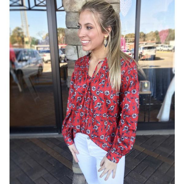  Red Floral Smocked Shoulder Top