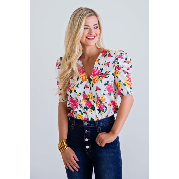  Floral Poplin Puff Sleeve Bodysuit