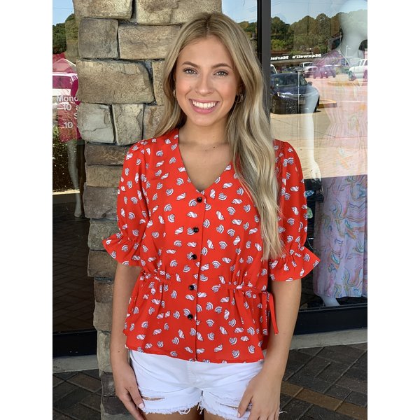  Red Shell Tie Blouse