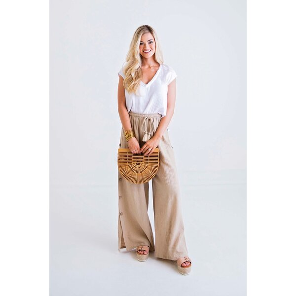  Taupe Solid Gauze Pant W/ Button Detail