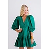 Green Solid Wrap Puff Sleeve Dress