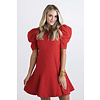 Red Solid Puff Sleeve Dress