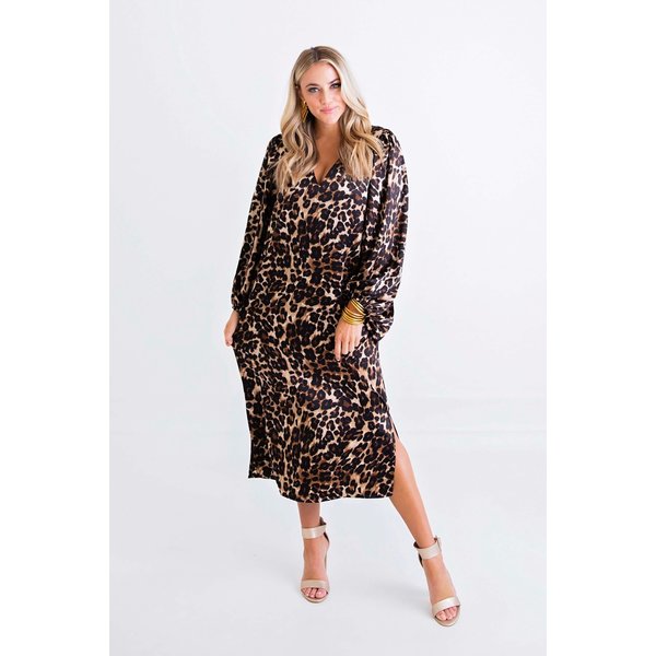  !Leopard Satin Vneck Midi Dress