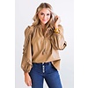 Camel Solid Pleather Ruffle Slv Vneck Top