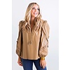 Camel Solid Pleather Ruffle Slv Vneck Top