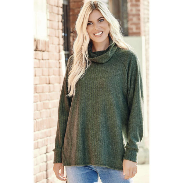  Olive Ribbed Sweater w/ cowl neck