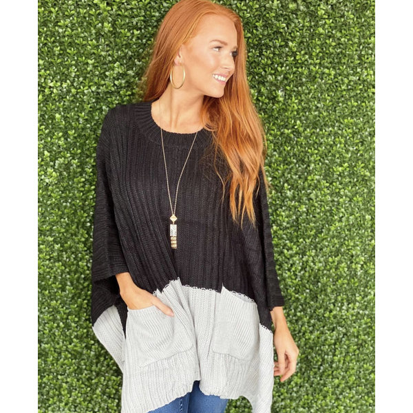  Black Grey Colorblock Poncho