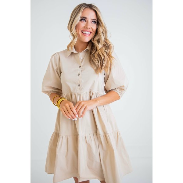  Khaki Solid Popline Puff Shoulder Dress