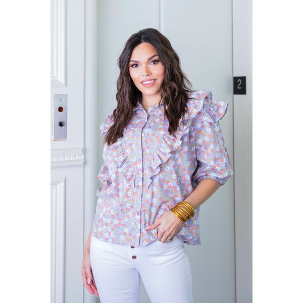  Lavender Floral Ruffle Button Down Top