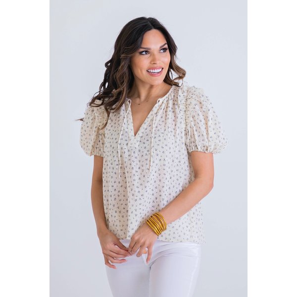  Floral Gauze Puff Sleeve Ruffle Top