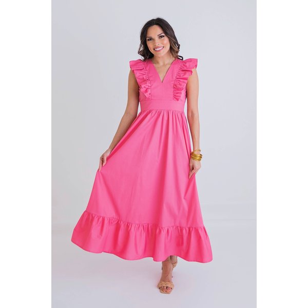  Pink Solid Ruffle Poplin Maxi Dress