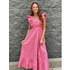 Pink Solid Ruffle Poplin Maxi Dress
