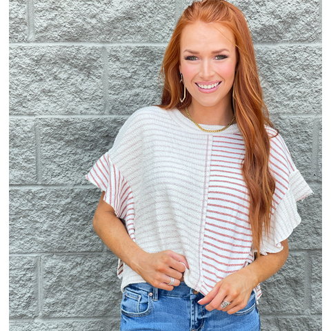 Ivory/Rust Ruffled Stripe French Terry Top