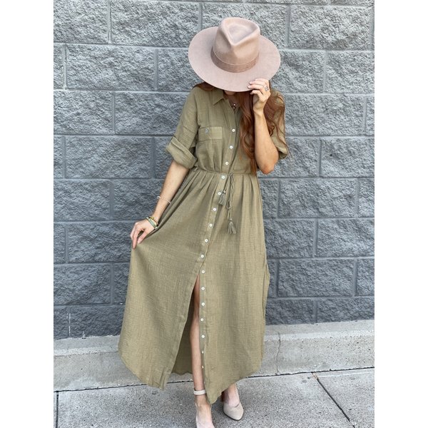  Olive Button front Maxi Dress
