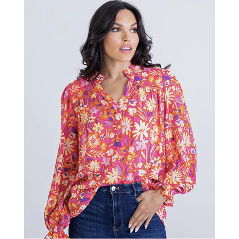 FLORAL ABSTRACT VNECK  BUTTON TOP