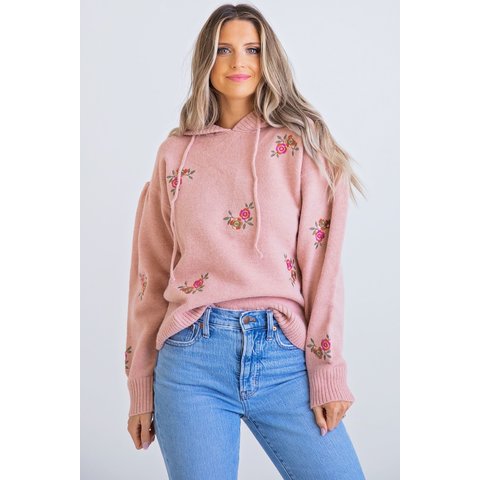 Pink Floral Emb Hoodie Sweater