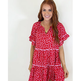 RED HEART TRIMMED TIERED DRESS