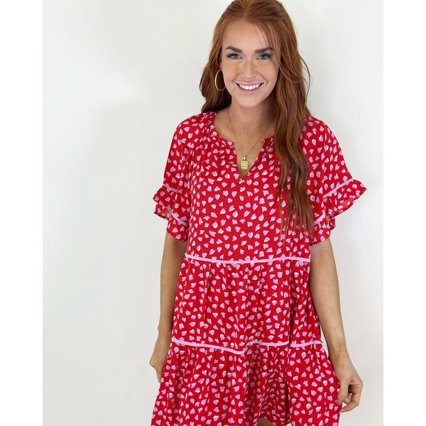  RED HEART TRIMMED TIERED DRESS